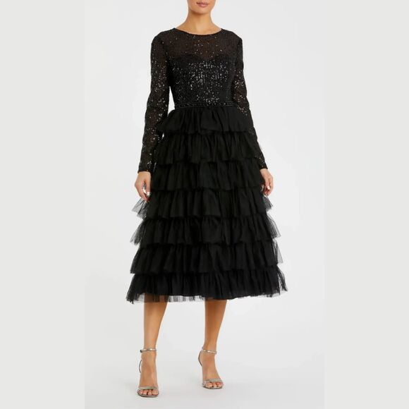 Mac Duggal 26299 Size 14 Black Long Sleeve Ruffled Tulle Tiered Midi Party Dress - Picture 2 of 6
